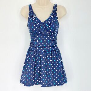 Denim & Co Beach Swimsuit Womens Sz 6 Polka Dot Blue One Piece Swim Dress Modest